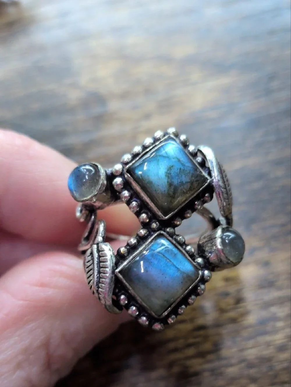Labradorite Double Square Statement Ring - Silver Leaf Design